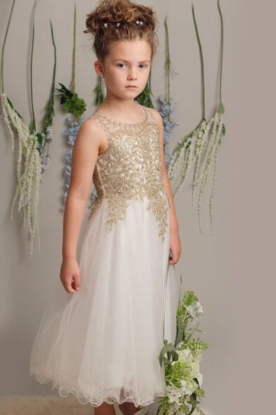 Girls' Ivory/Gold Lace Beaded Dress - LINZI - Gold