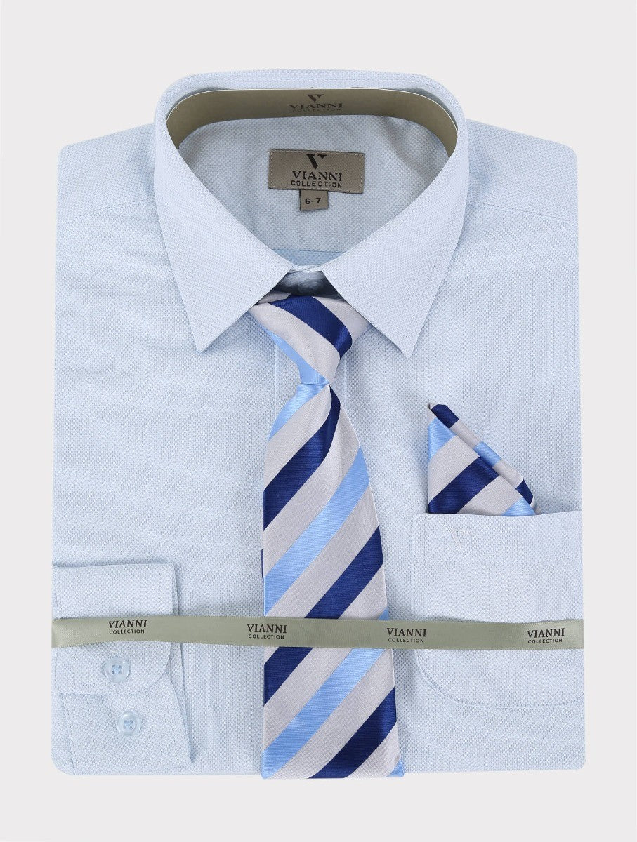 Boys Cotton Blend Long Sleeve Shirt, Tie & Hanky Set - Light Blue- Patterned Tie