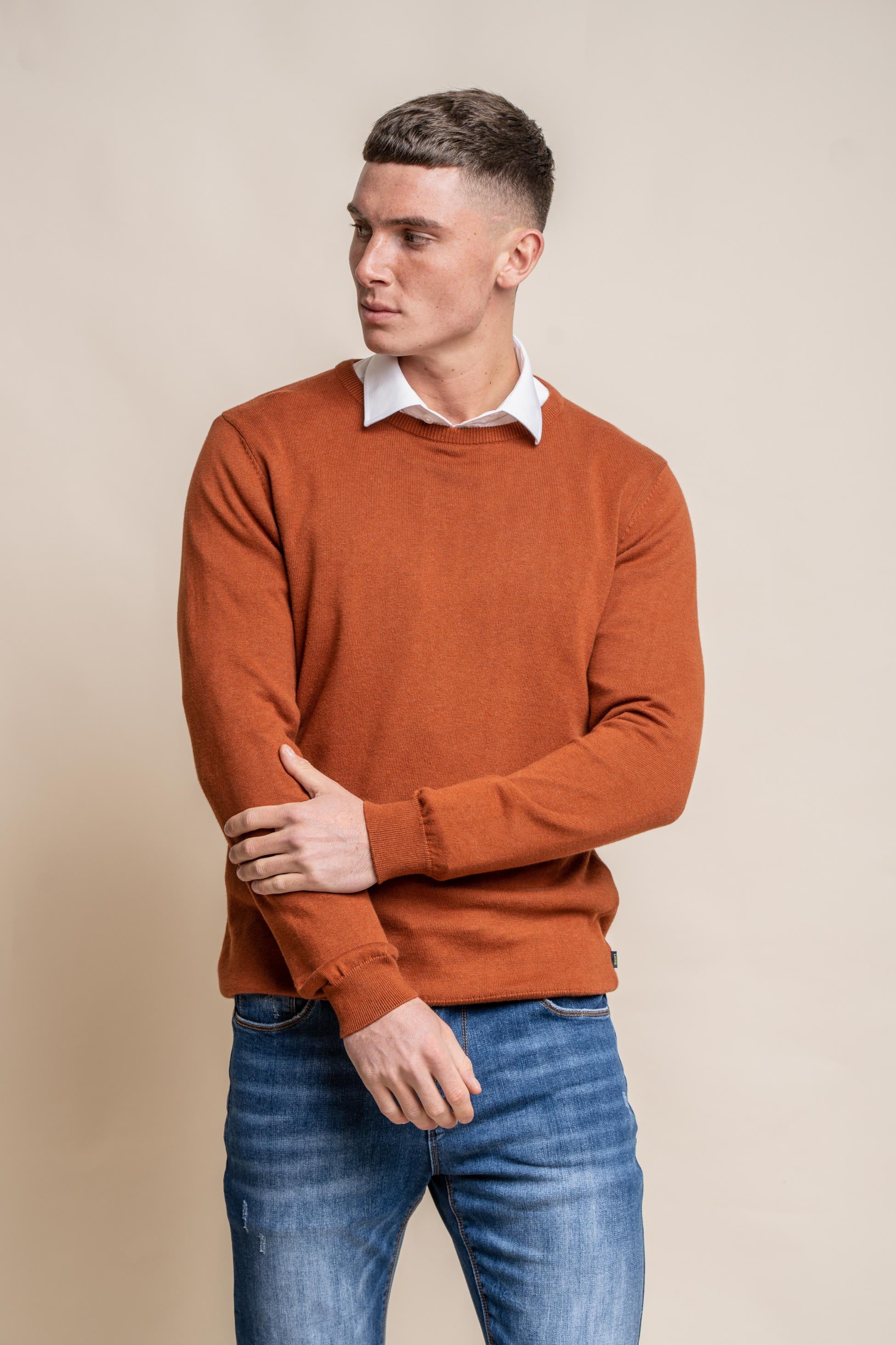 Men's Cotton Slim Fit Crewneck Jumper - Rustic Brick