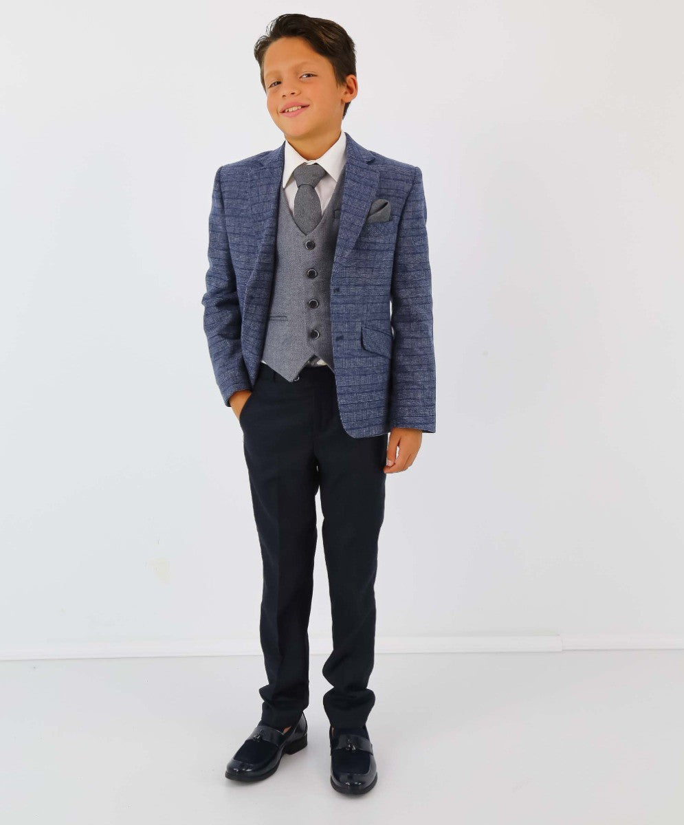 Boys Tweed Herringbone Blazer and Waistcoat Suit Set - Blue