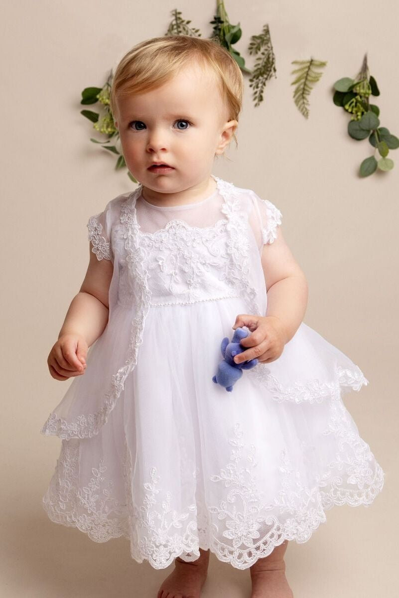 Baby Girls White Lace Christening Dress Set - MELODY - White