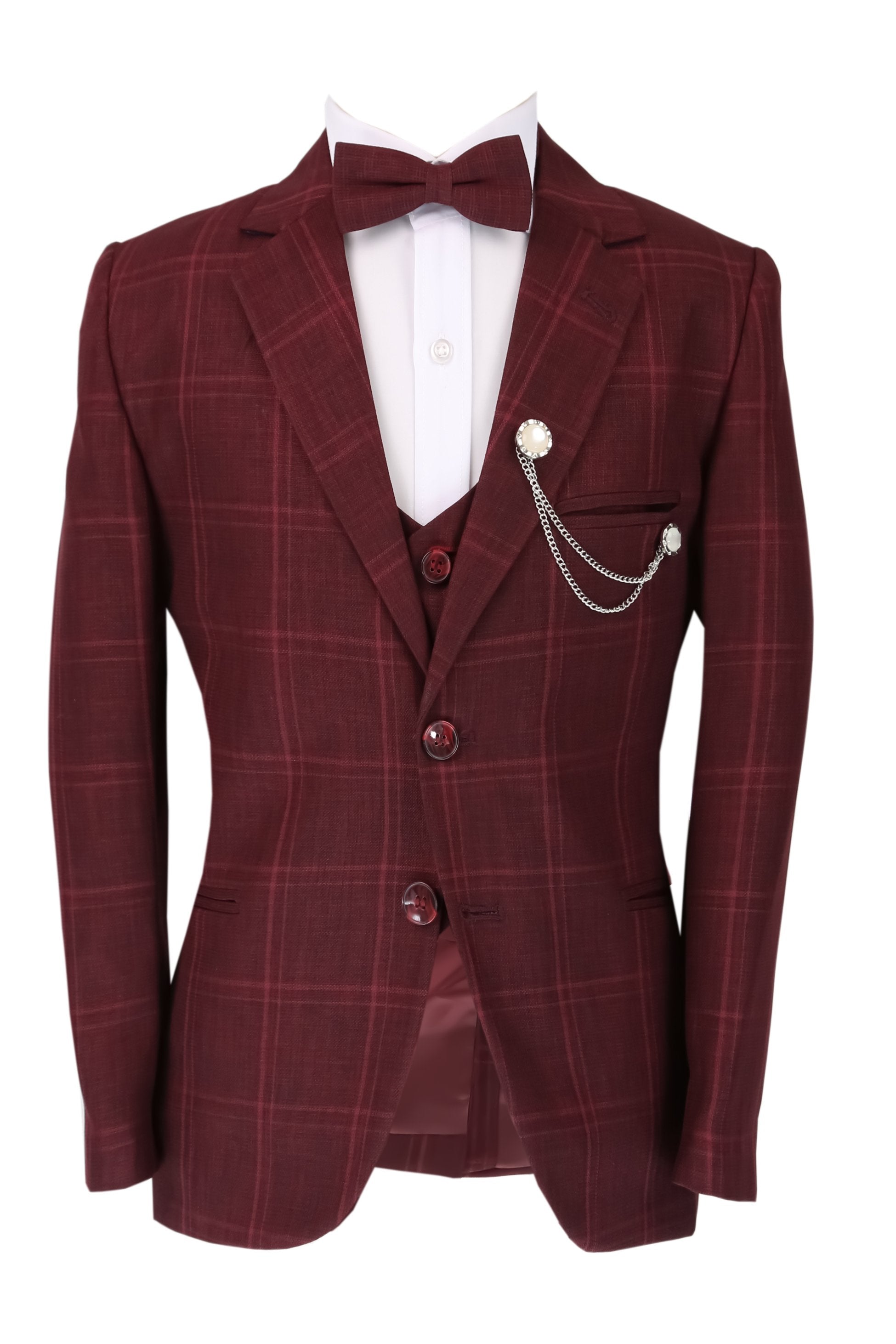 Boys Slim Fit Windowpane Check Burgundy Suit Set - Burgundy