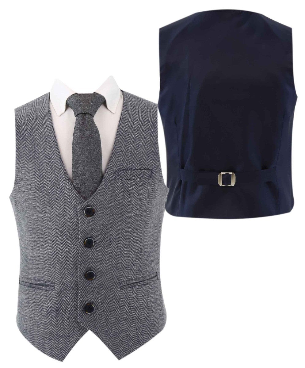 Boys Tweed Herringbone Blazer and Waistcoat Suit Set - Blue