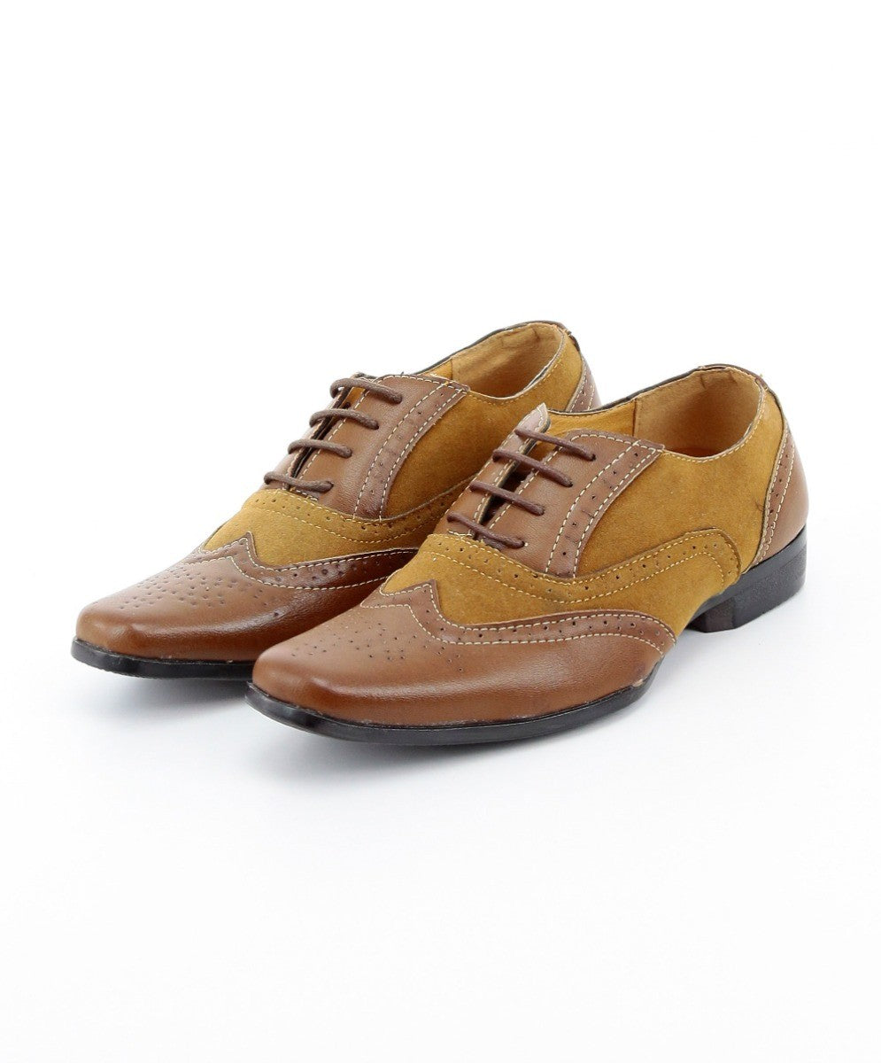 Boys Suede & Leather Oxford Brogue Shoes - CHESTER - Tan Brown