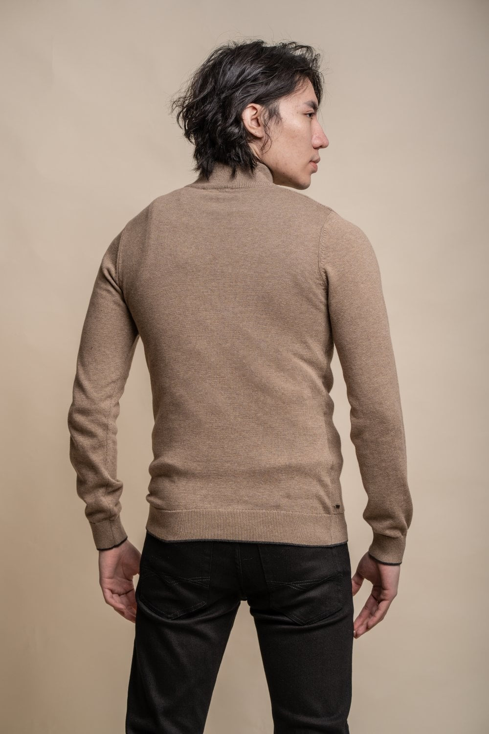 Men's Half Zip Knit Cotton Pullover - KYLE - Fawn Brown