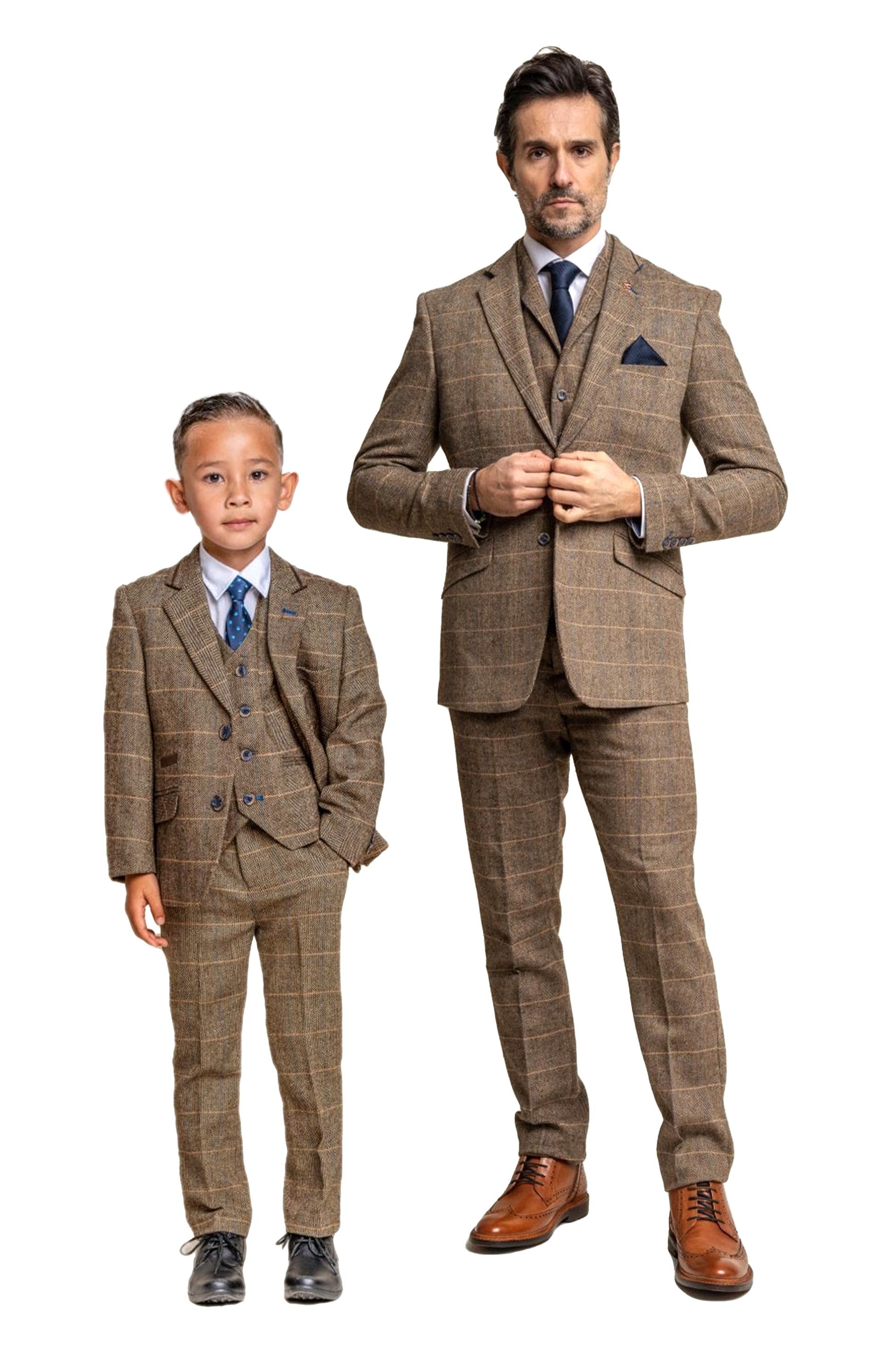 Boys Wool Blend Herringbone Check Suit - ALBERT - Brown