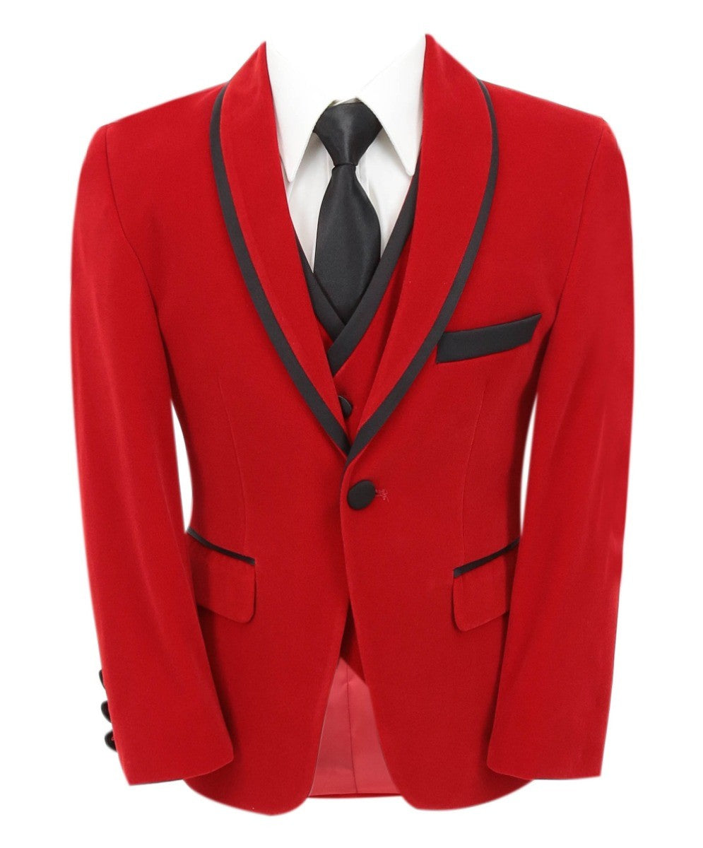 Boys Slim Fit Piping Velvet Tuxedo Suit - LONDON - Red