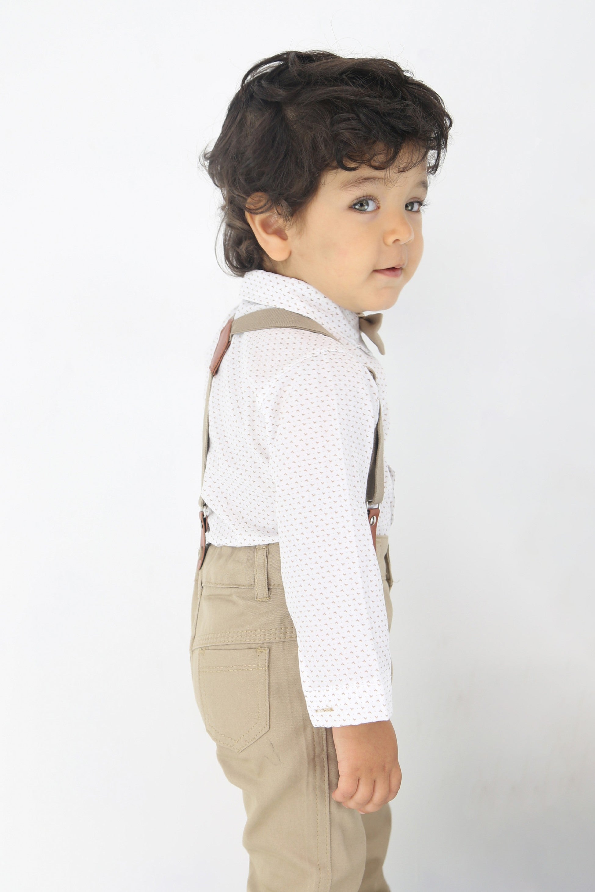 Baby Boys Gentleman Outfit - 4 PC Suspenders Pant Suit Set - BIRD - Tan Brown