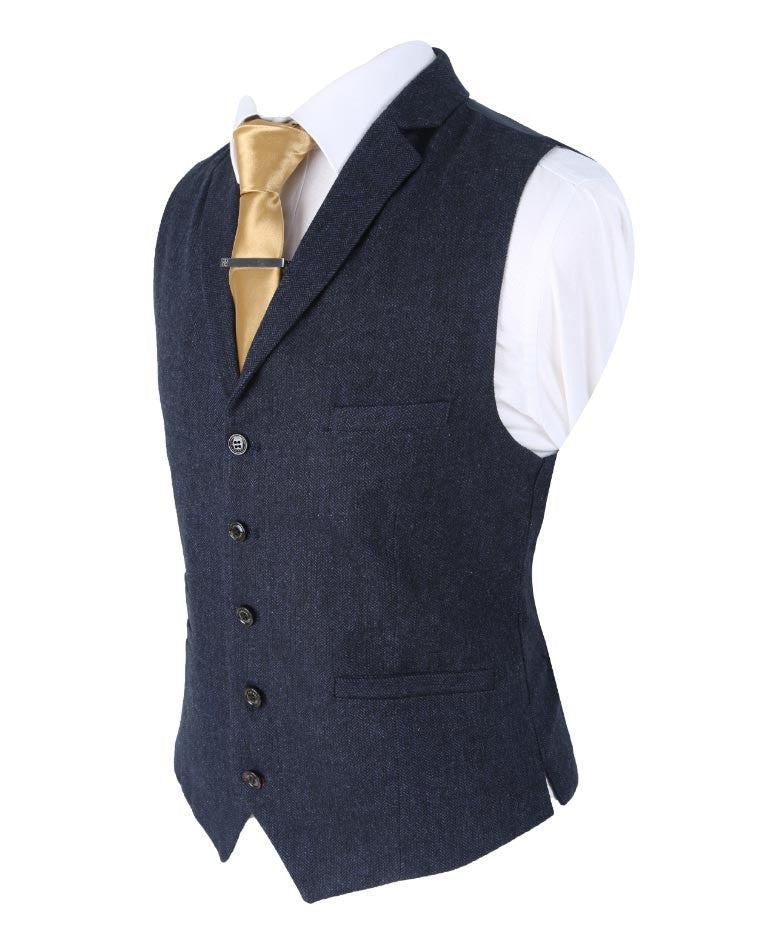 Men's Herringbone Tweed Slim Fit Waistcoat - MARTEZ - Navy Blue