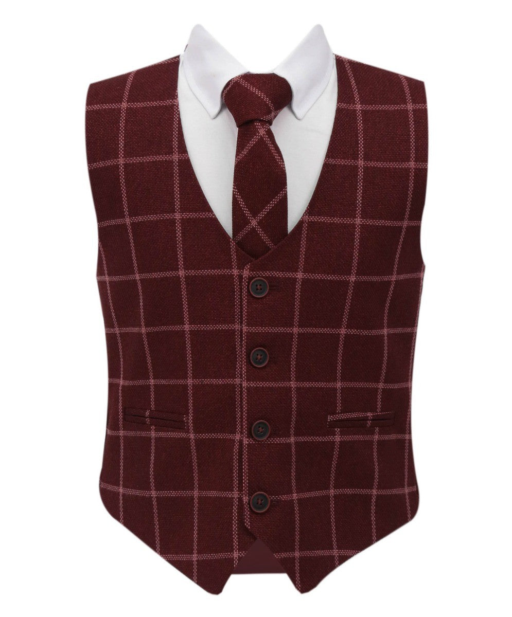 Boys Tweed Check Cotton Waistcoat Set - Maroon - Burgundy