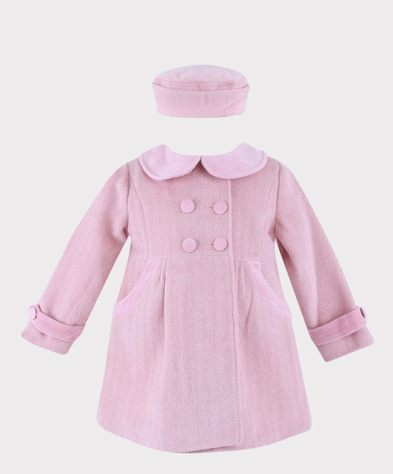 Girls Herringbone Formal Coat and Hat Set - Pink