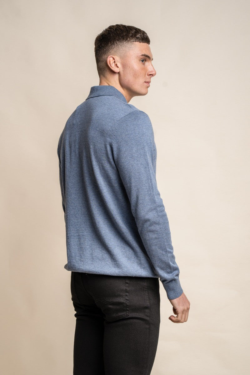 Men's Cotton Mock Neck Quarter Zip Jumper - Falcao - Mid-Denim Blue