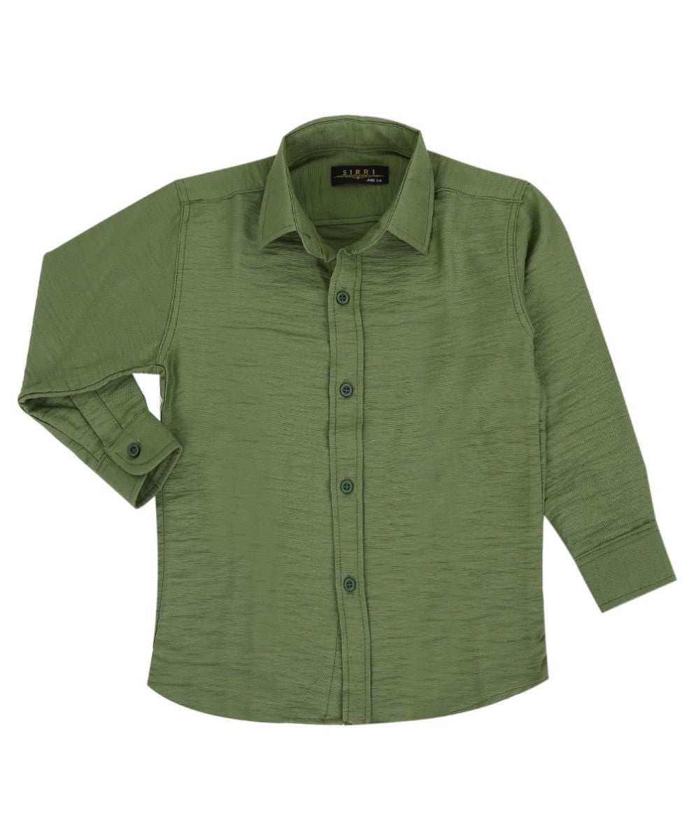 Boys Cotton Linen Classic Collar Shirt - Dark Green