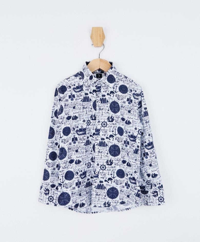 Boys Nautical Printed Fashion Shirt - Navy Blue