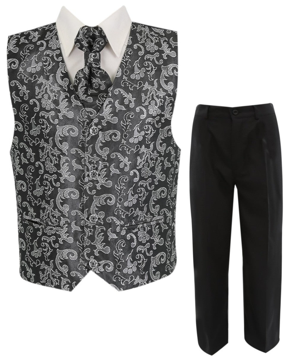 Boys Silver Shiny Paisley 4-Piece Waistcoat Suit - Silver