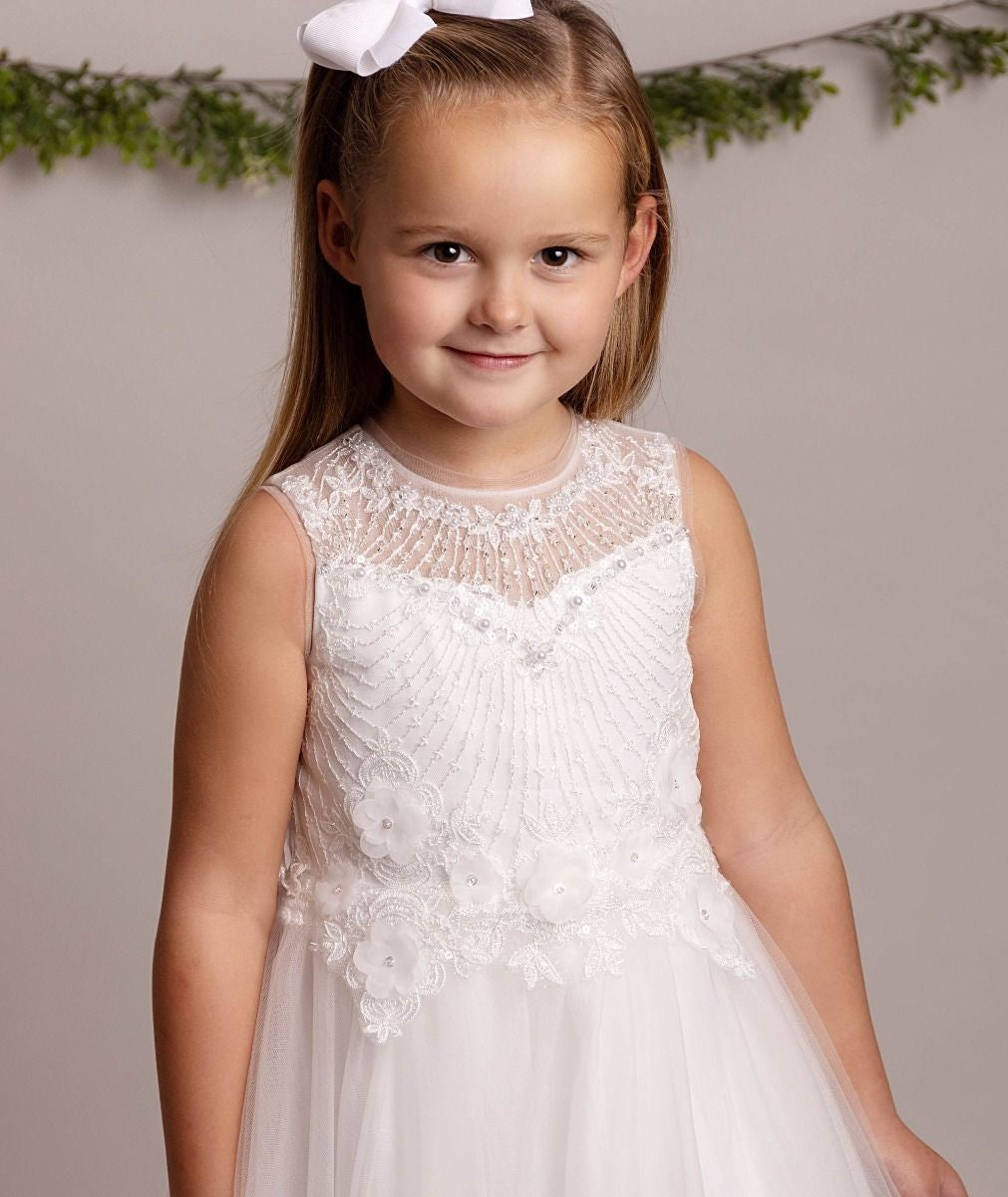 Girls Lace Floral Embroidered Ivory Dress - DAVINA - Ivory