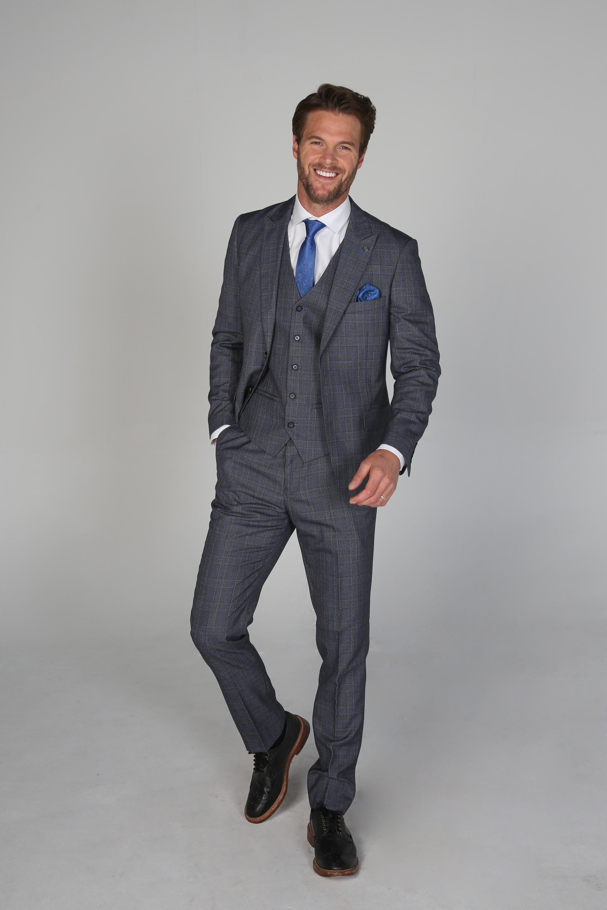 Men's Check Textured Tailored Fit Formal Suit - HENRY - Grey - Blue