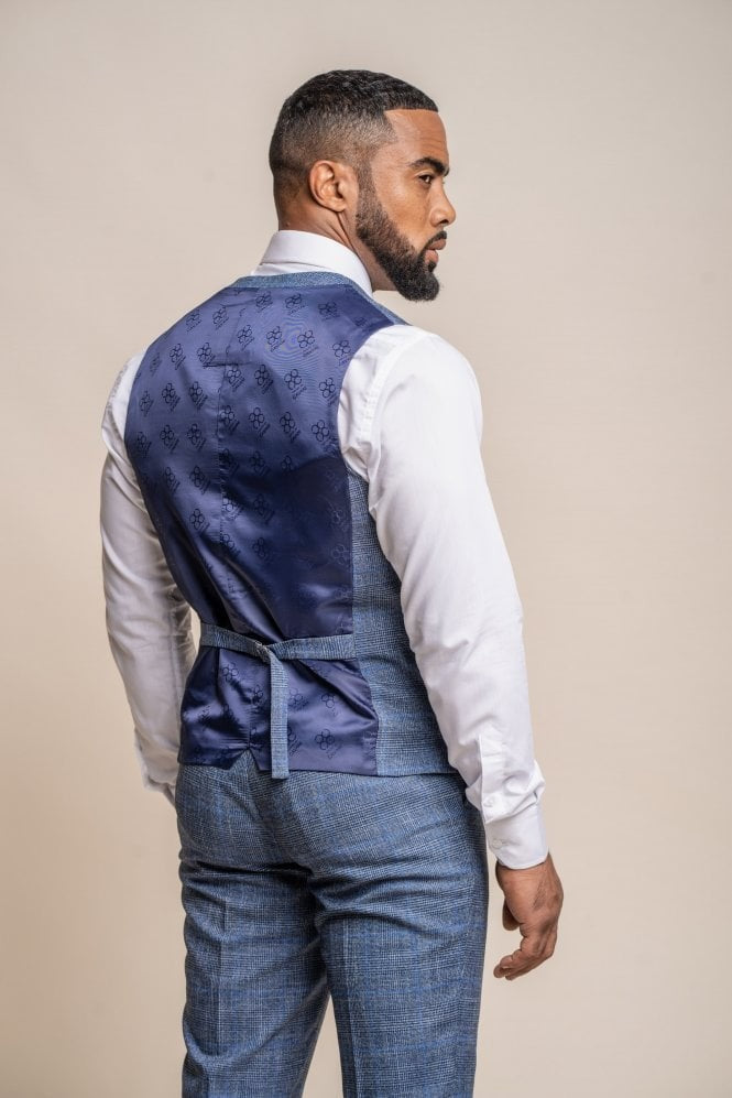 Men's Check Slim Fit Blue Waistcoat - PHANTOM - Blue