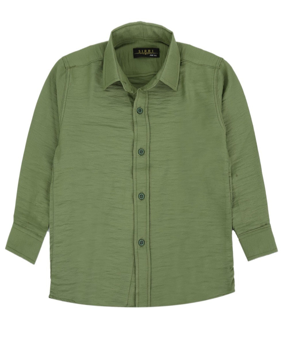 Boys Cotton Linen Classic Collar Shirt - Dark Green