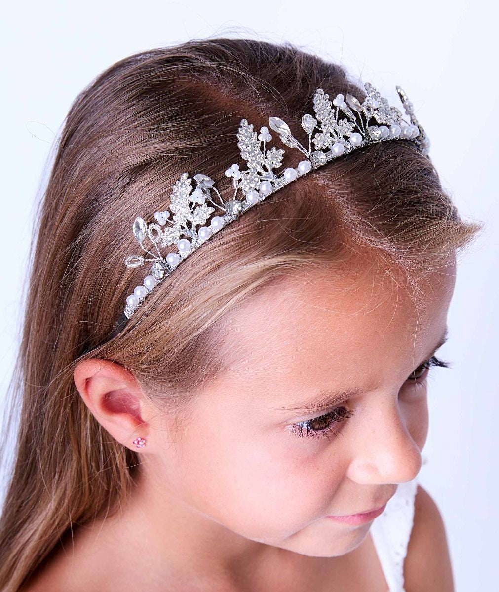 Girls’ Silver Crystal Leaf & Pearl Tiara Headband - Germany