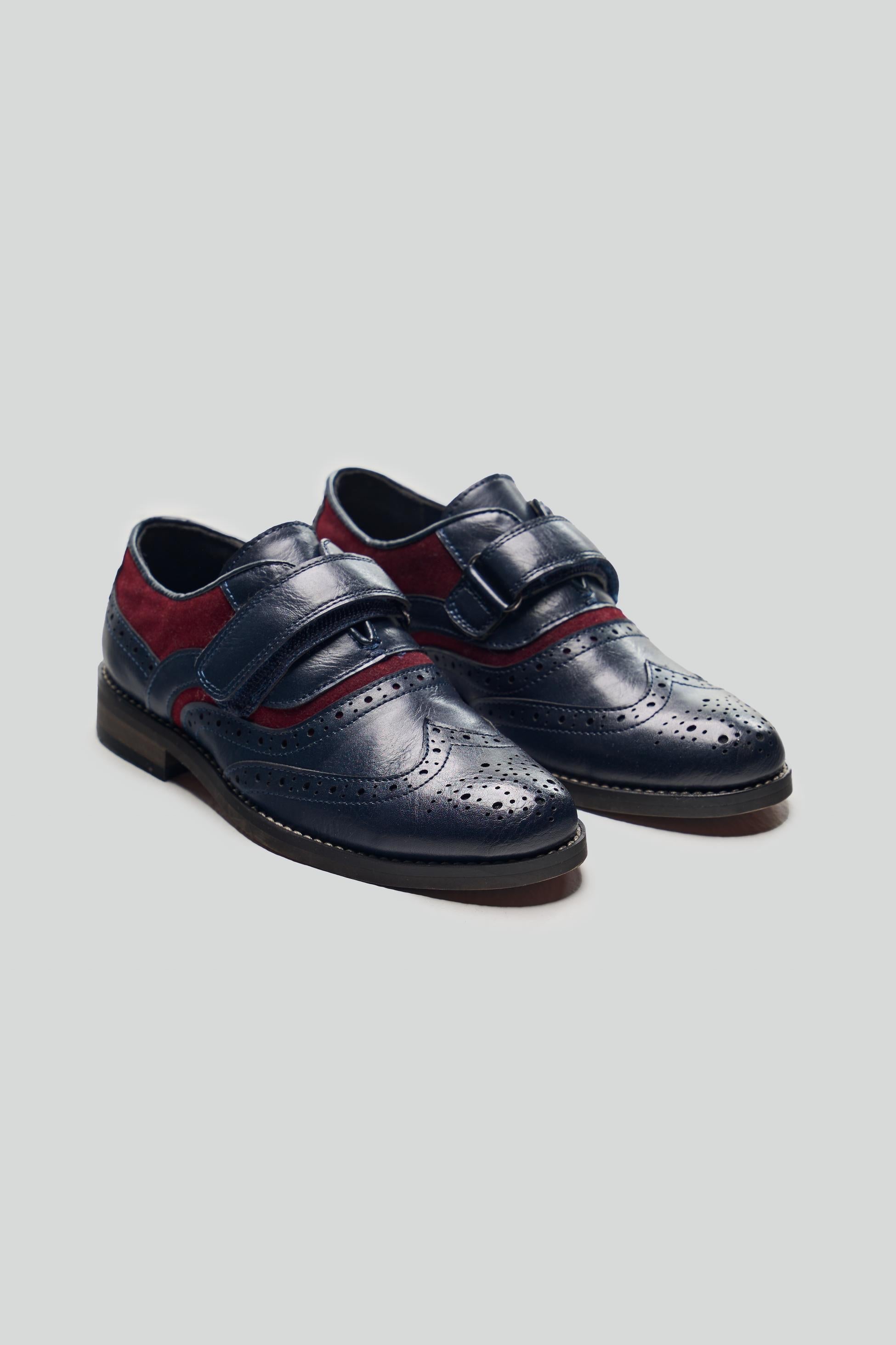 Boys Velcro Oxford Brogue Dress shoes - RUSSEL - Navy Blue - Red