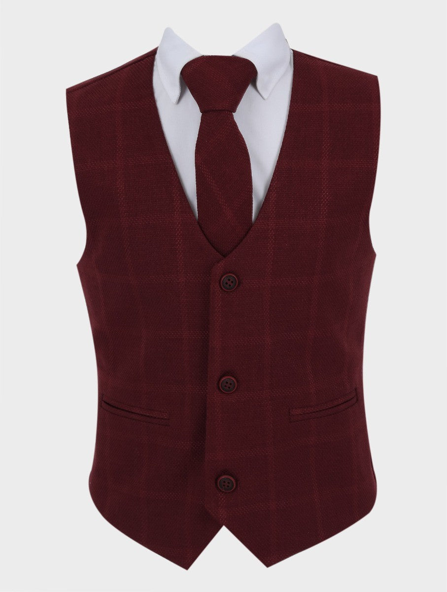 Boys Tweed Windowpane Check Cotton Waistcoat - Burgundy