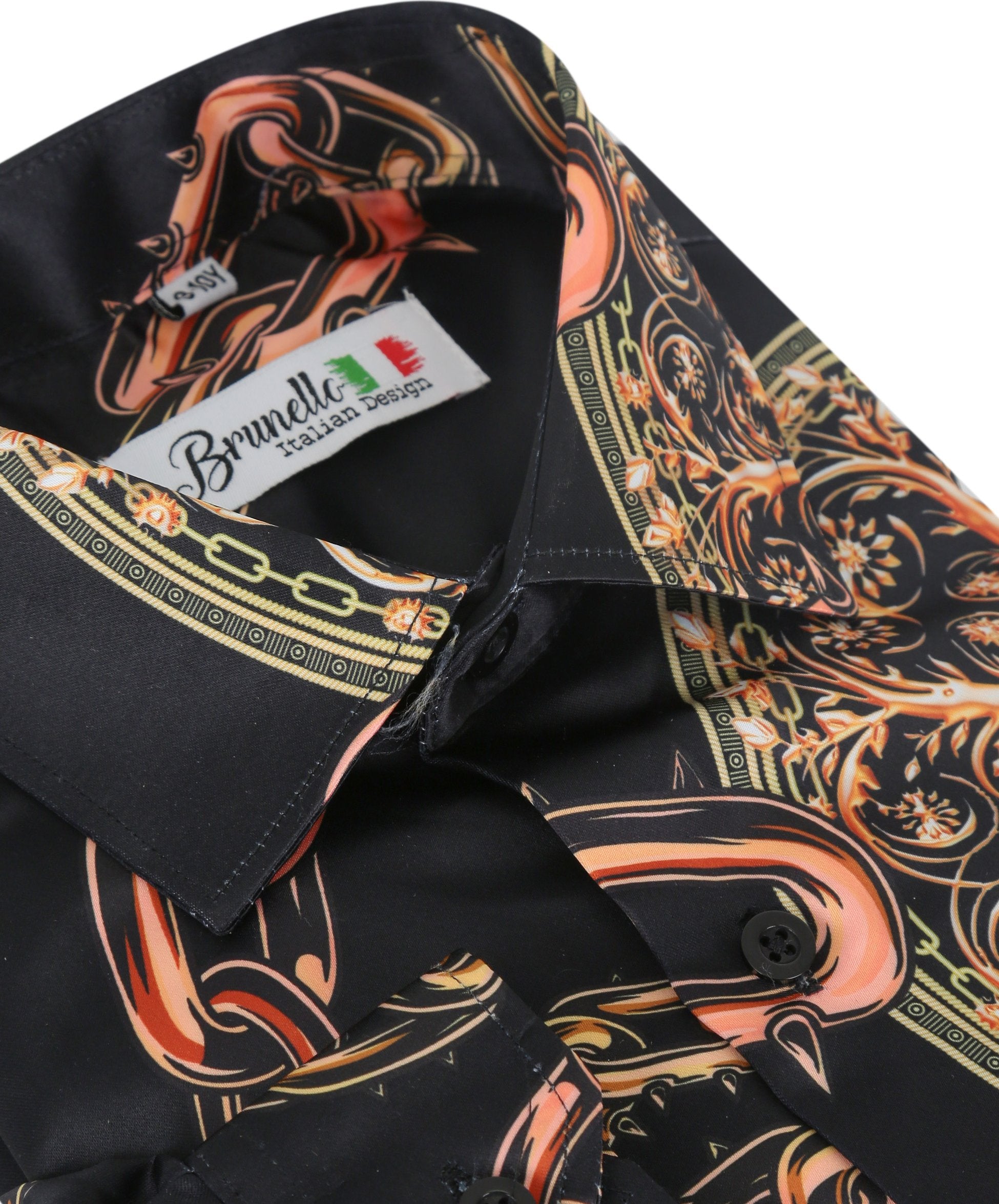 Men's Long Sleeve Printed Satin Shirt - Black and Orange