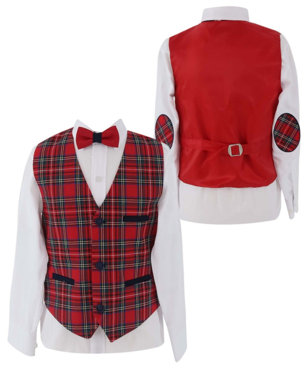 Boys Slim Fit Suit With Tartar check Waistcoat Set - Red