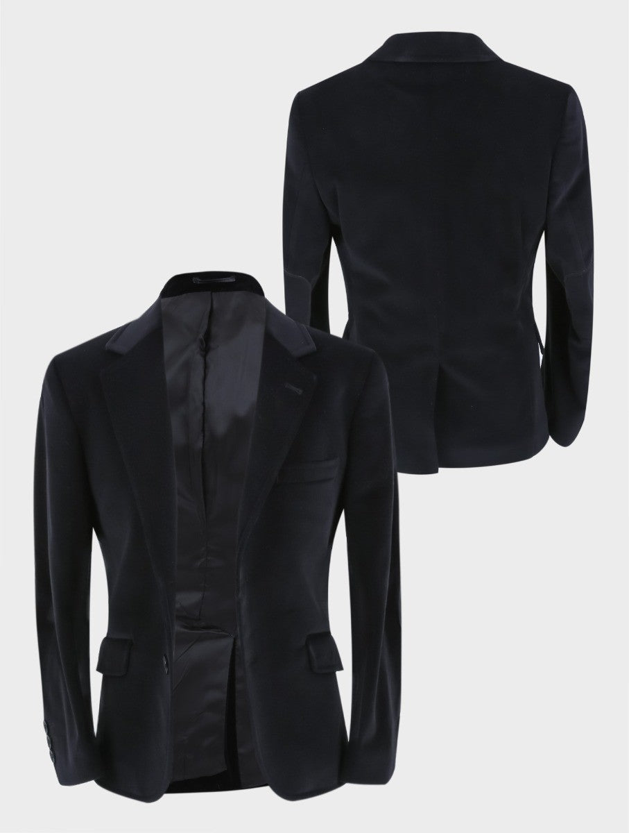 Boys Velvet Slim Fit Formal Blazer with Elbow Patches - Black