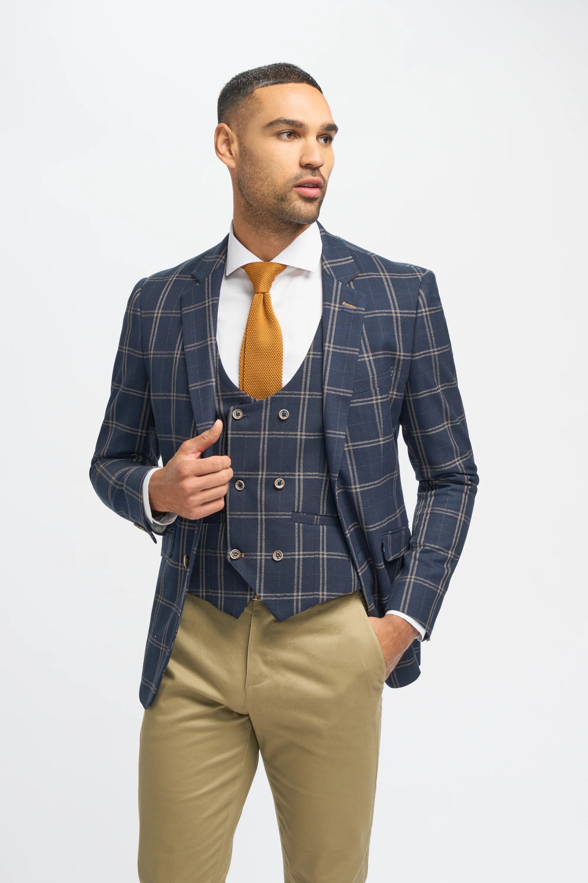 Men's Navy Blue Hardy Check Suit Jacket and Double-Breasted Waistcoat with Casual Stone Beige Cotton Chino Trousers - Navy Blue - Stone Beige