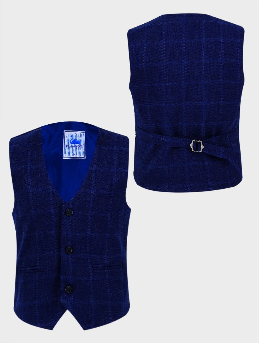 Boys Tweed Windowpane Check Cotton Waistcoat - Navy Blue