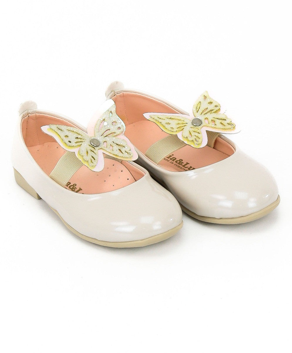 Girls Ballerina Butterfly Strap Flat Dress Shoes - Pearl White