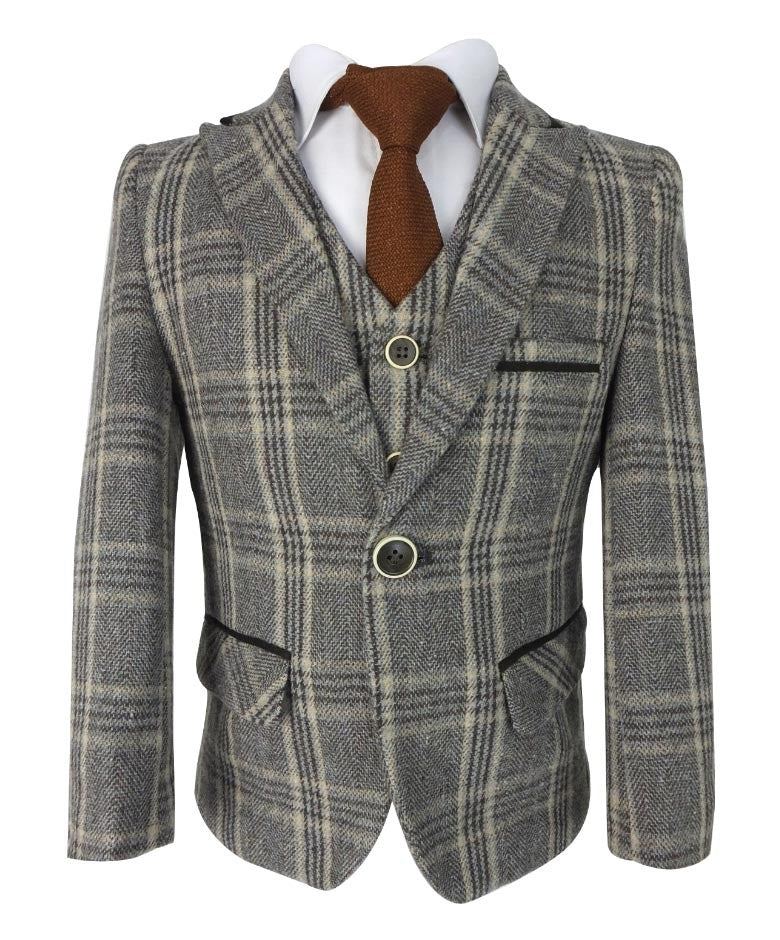 Boys Herringbone Tweed Check Suit with Elbow Patches - LUCAS - Brown