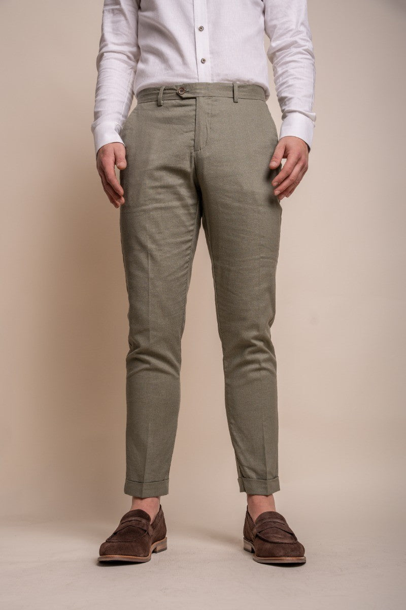 Men's Slim Fit  Linen Trousers  - ALVARI - Sage Green