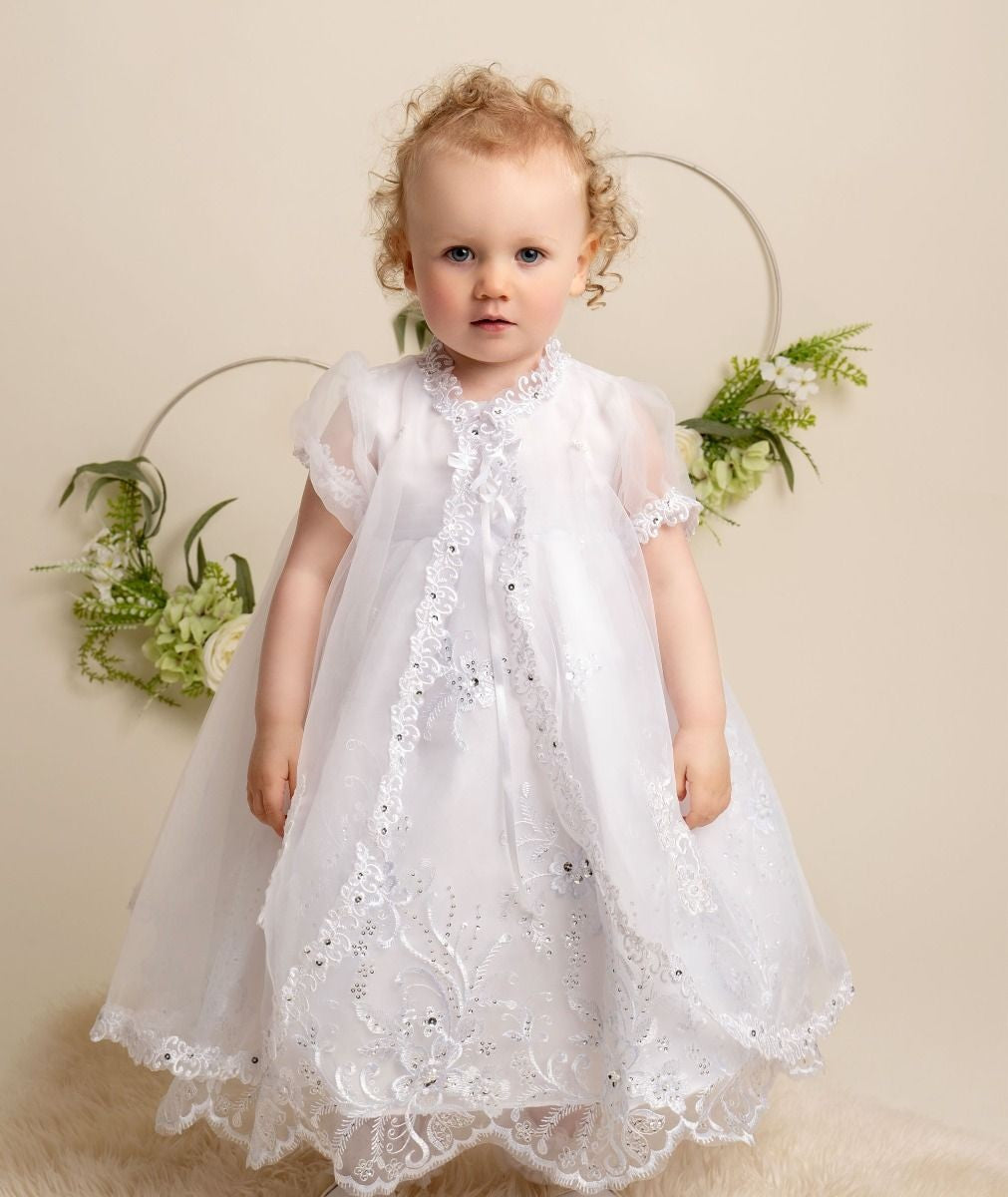 Baby Girls Sequin & lace Christening White Dress Set - 396 - White