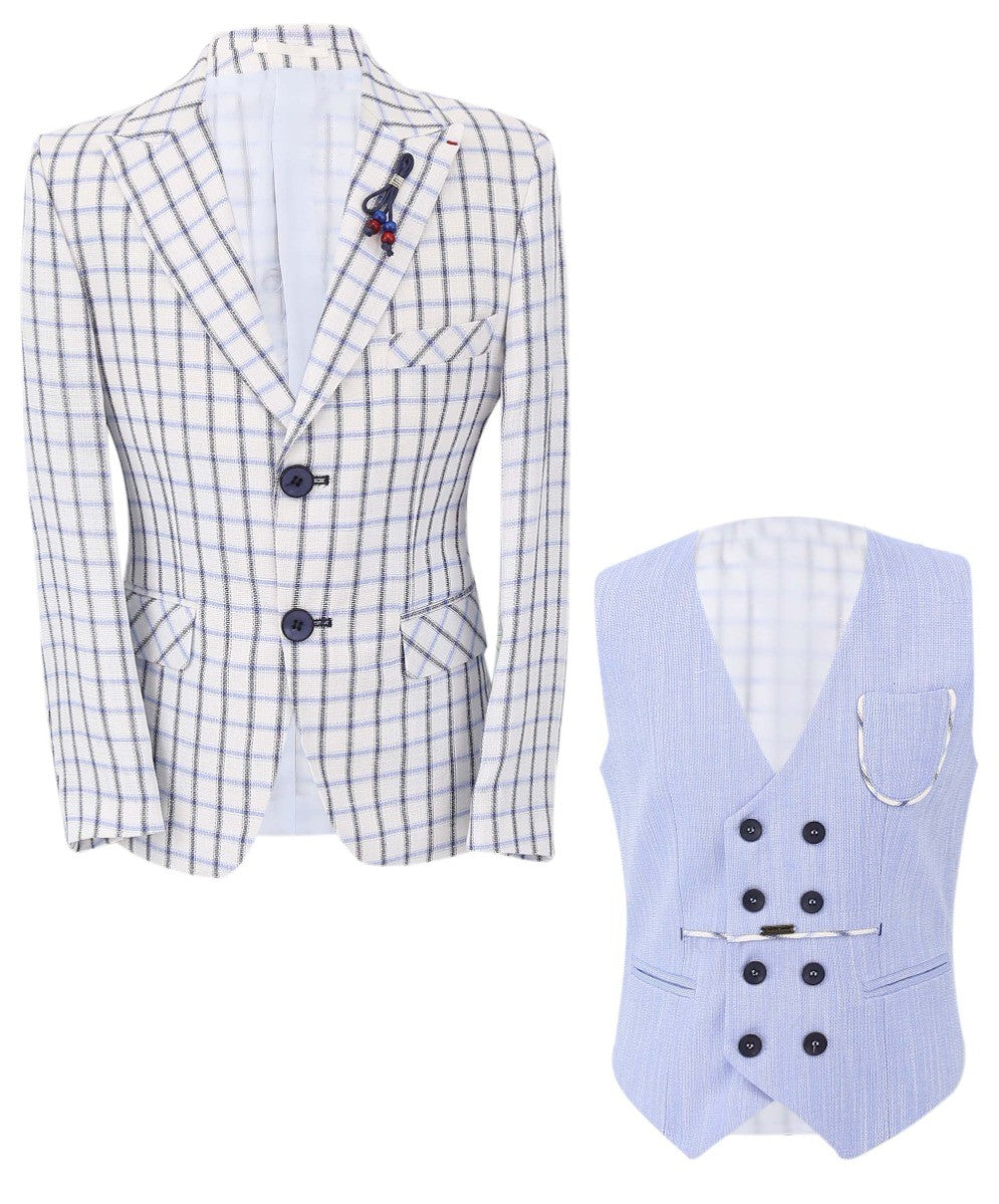 Boys Check Blazer and Double-breasted Waistcoat Suit Set - Blue