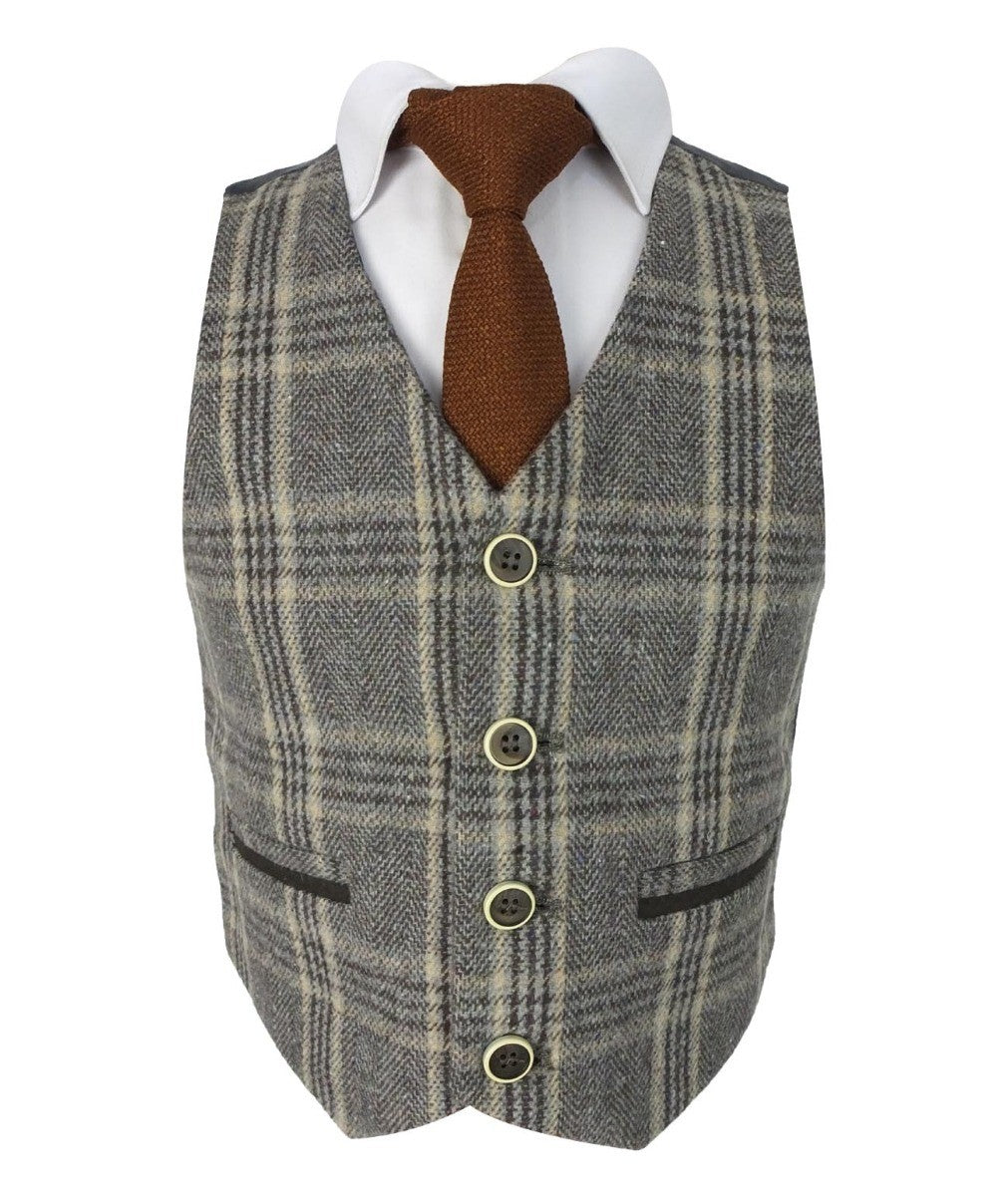 Boys Herringbone Tweed Check Suit with Elbow Patches - LUCAS - Brown