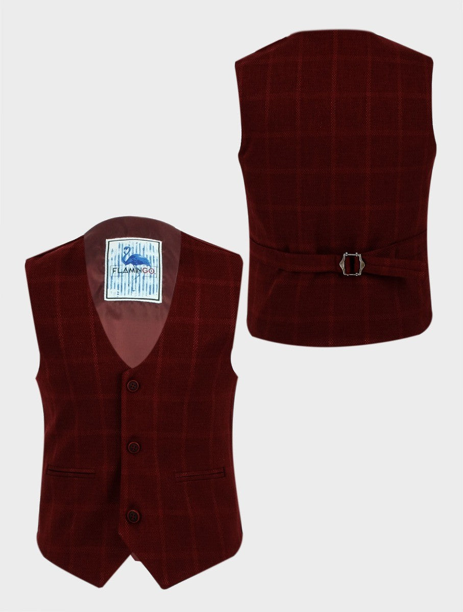 Boys Tweed Windowpane Check Cotton Waistcoat - Burgundy