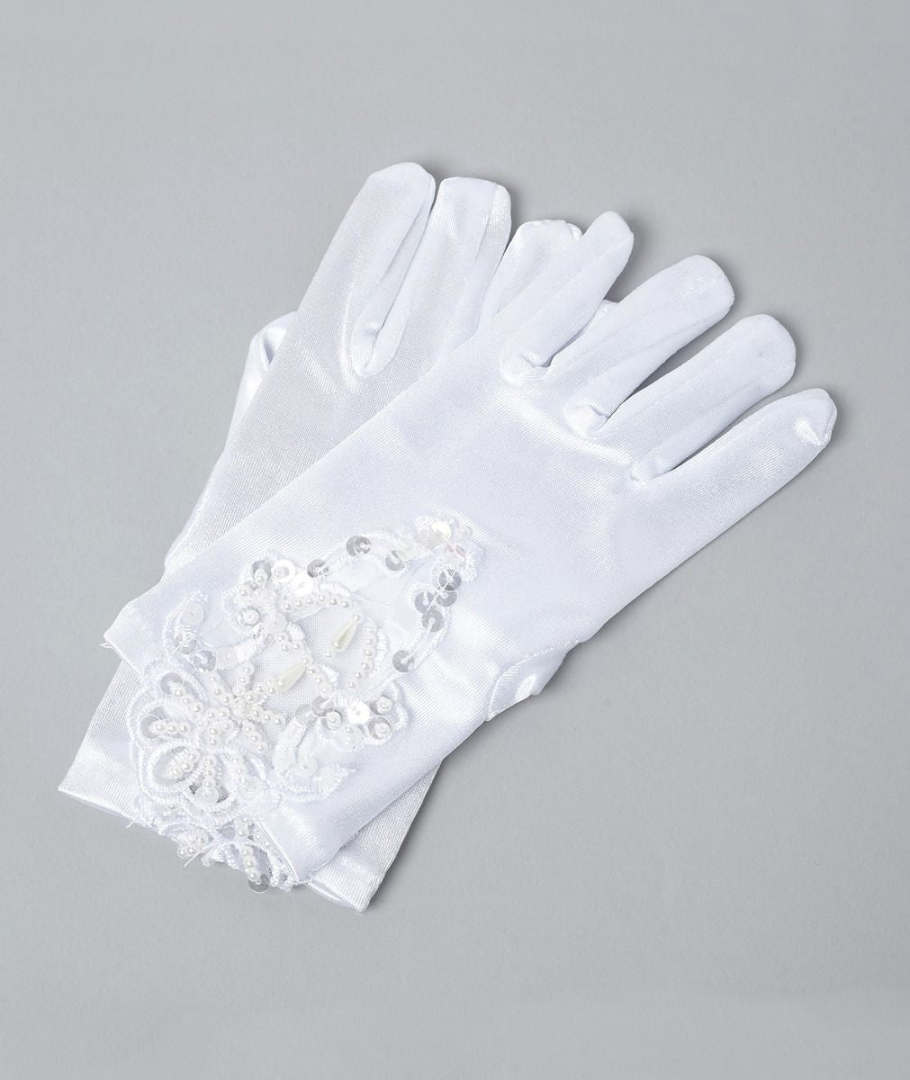 Girls' White Sequin Beaded Satin Gloves - VERA - White