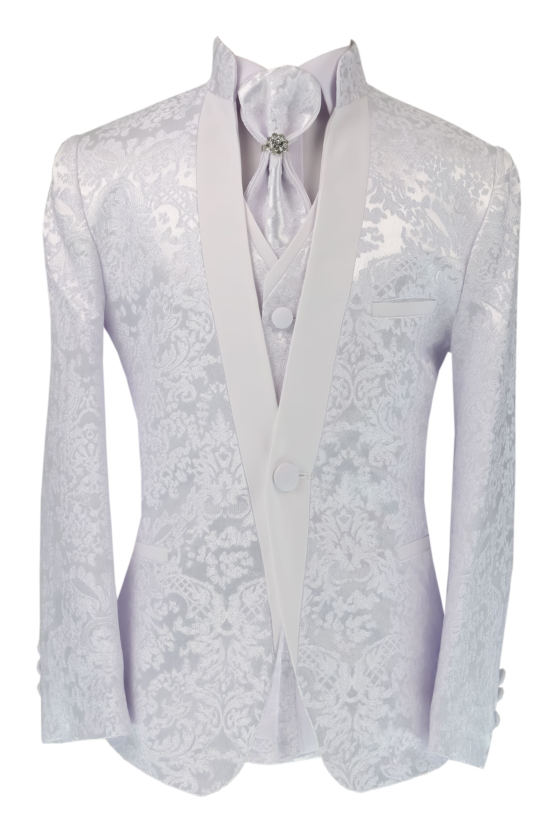 Boys Satin Lapel White Paisley Floral Tuxedo Suit Set - White