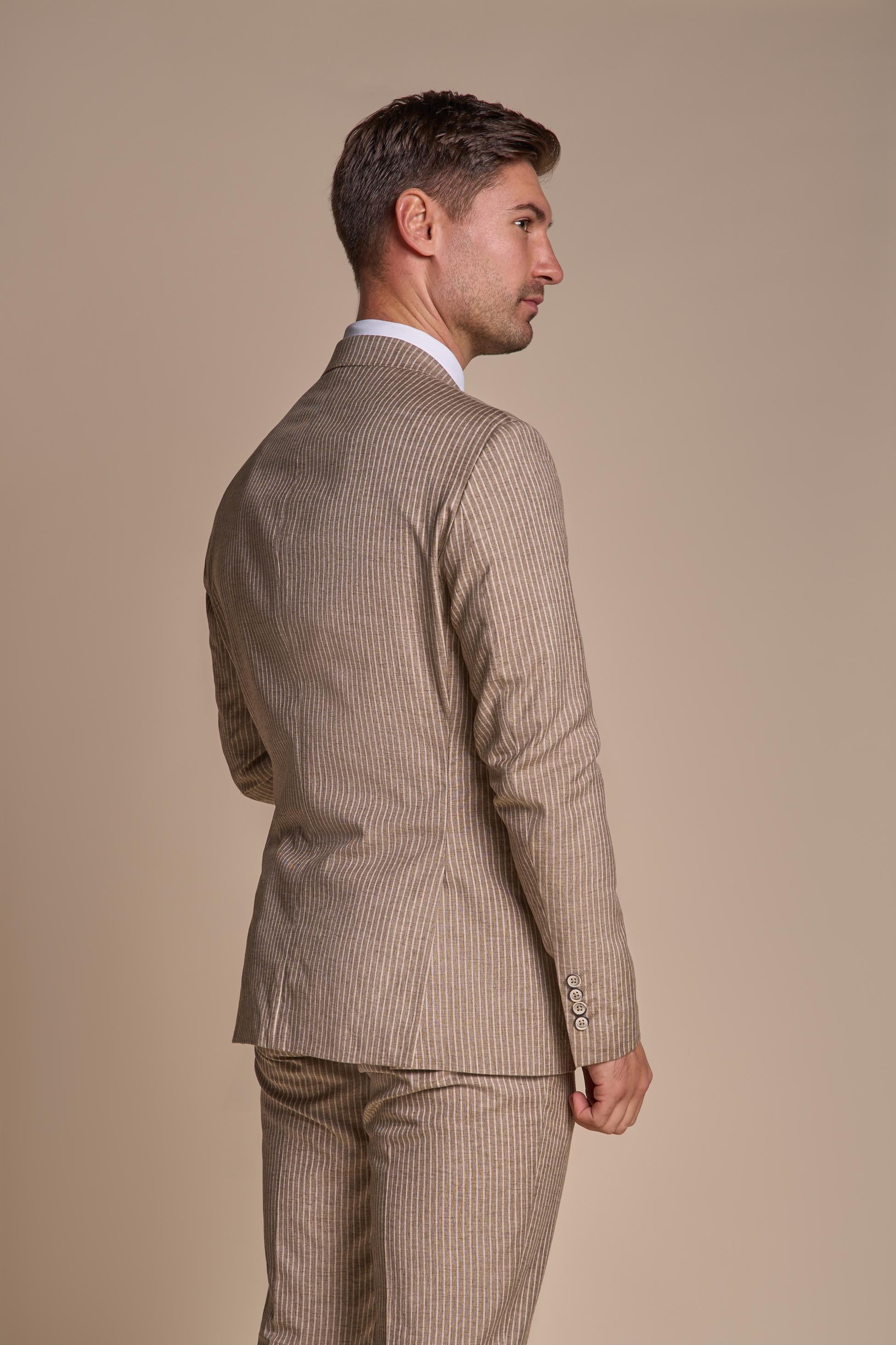 Men’s Slim Fit Pinstripe Beige Suit Jacket – KRAKEN Sand - Sand Beige