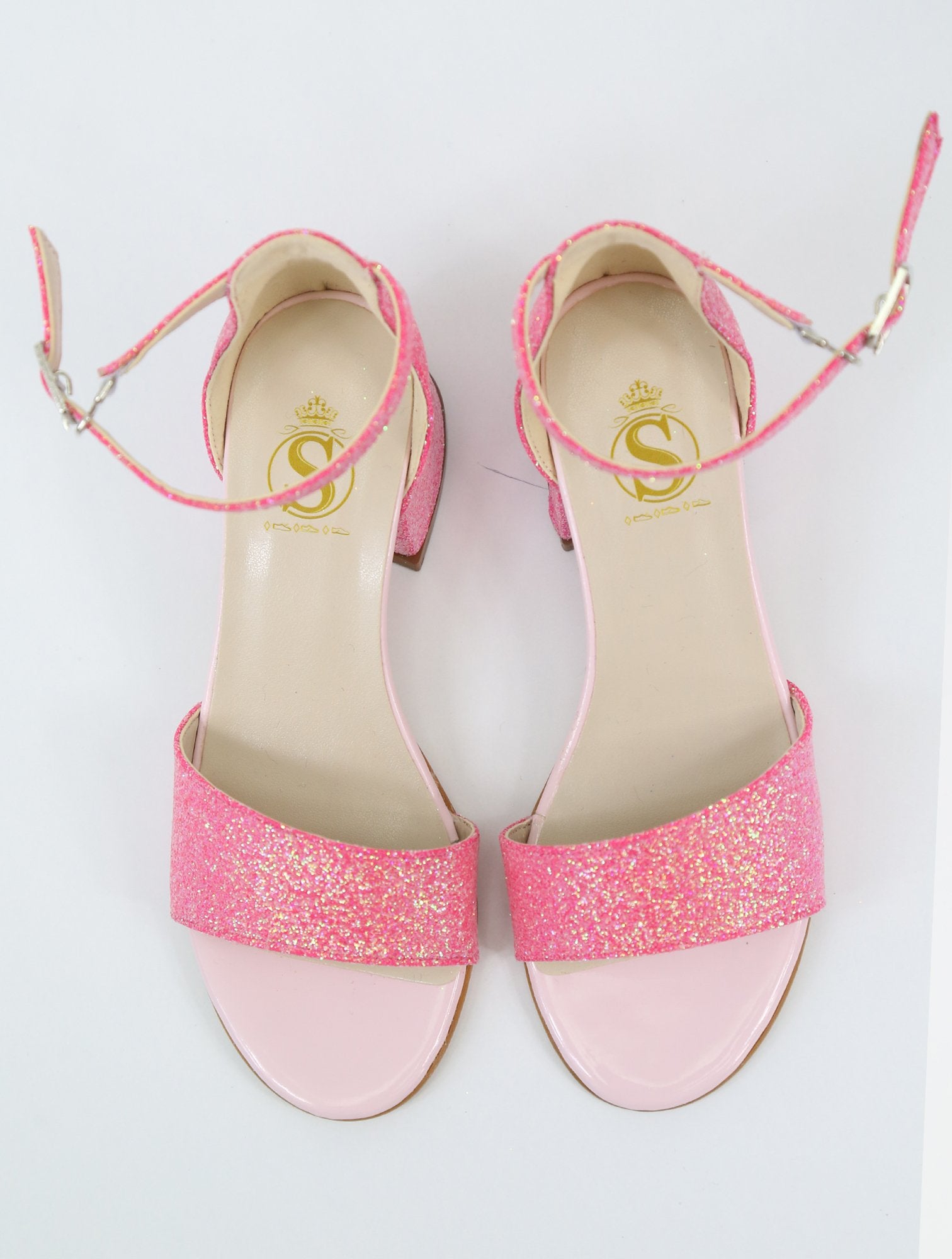 Girls Ankle-Strap Block Heel Sandals - SPARKLE - Cherry Pink