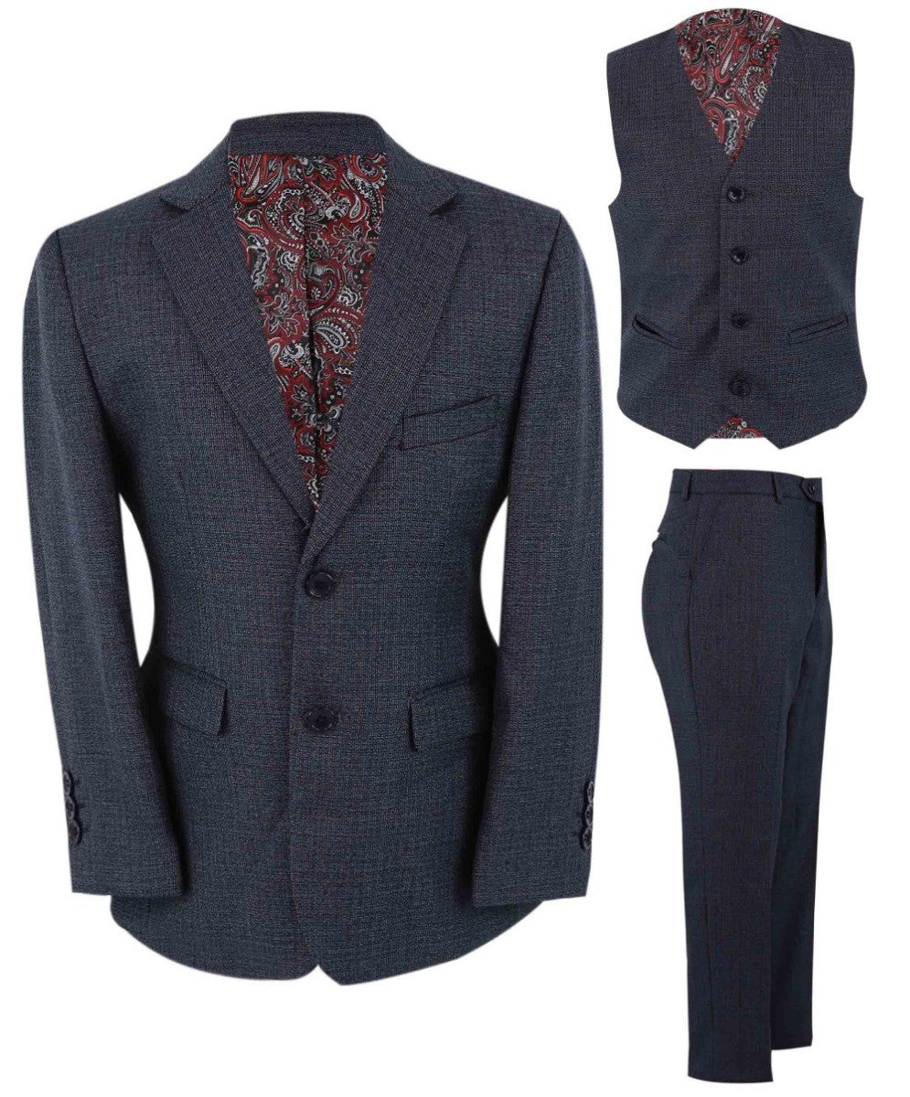 Boys Tailored Fit Textured Suit - Navy Blue