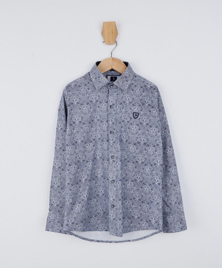 Boys Paisley Patterned Slim Fit Cotton Casual Shirt - Blue - Grey