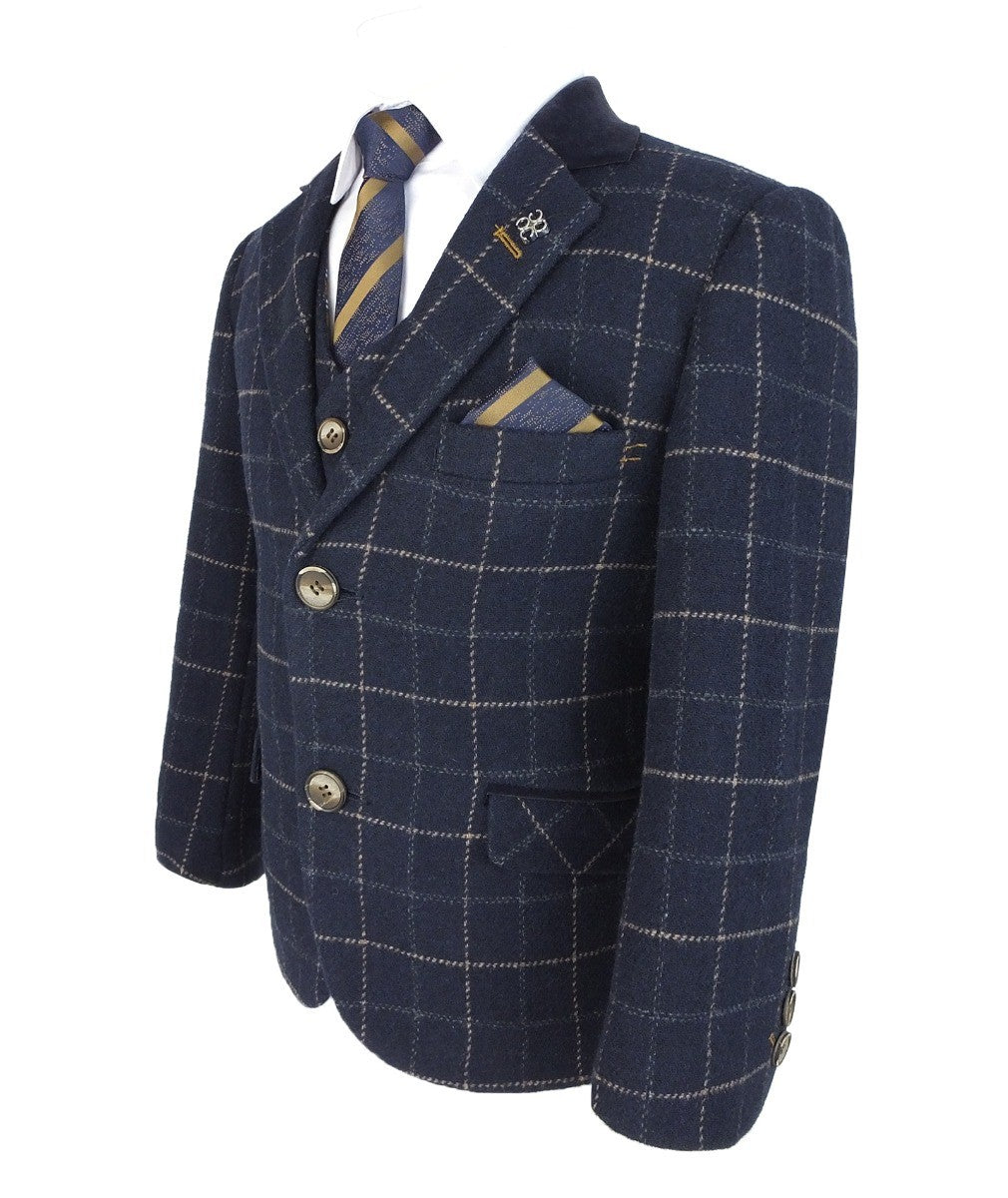 Boys Tweed Windowpane Check Slim Fit Suit - SHELBY - Navy Blue