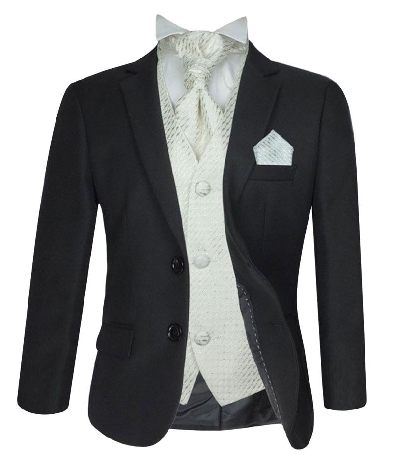 Boys Formal Suit with Patterned Waistcoat and Cravat Set - Antonio - Black