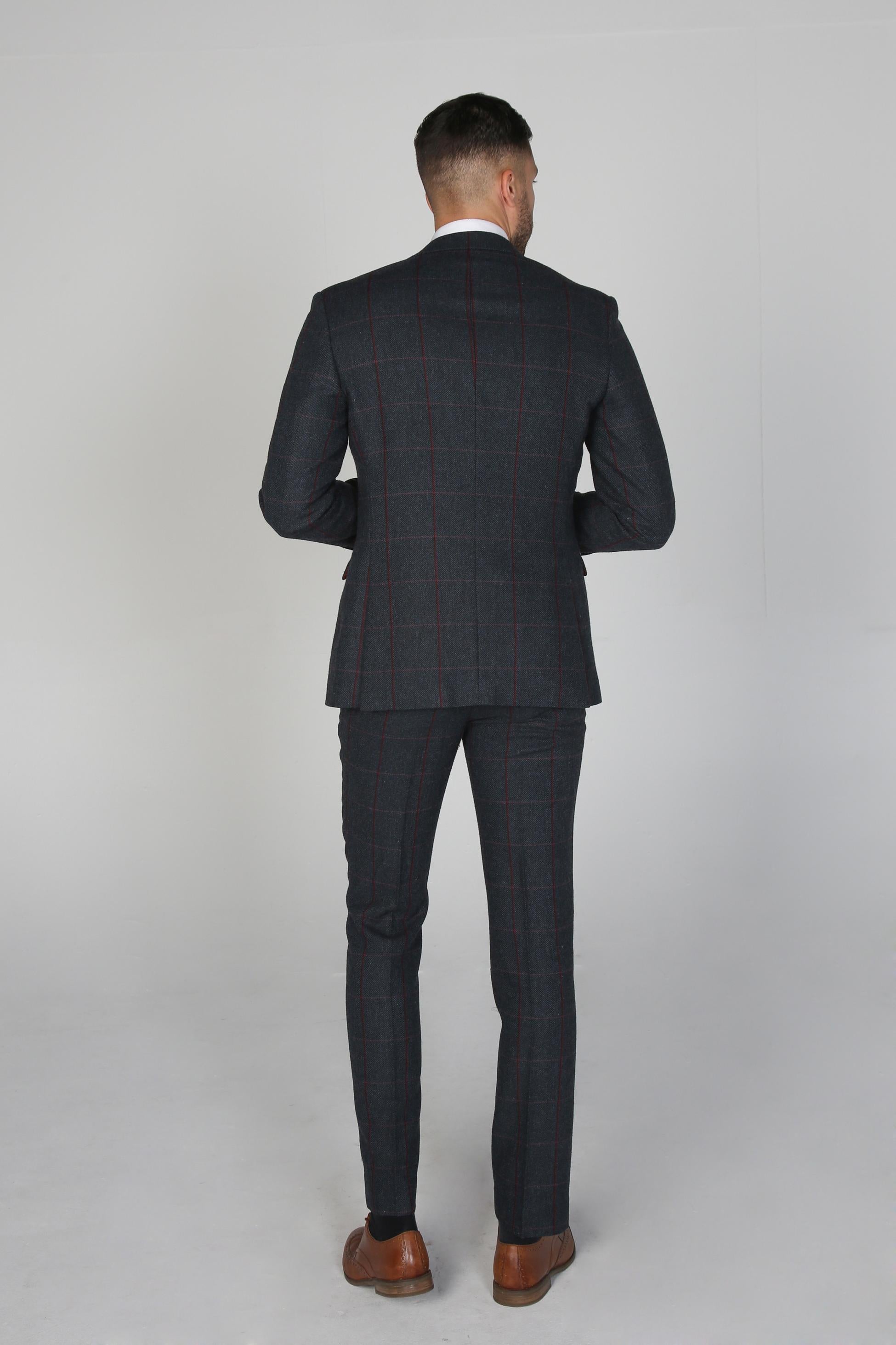 Men's Tweed Windowpane Check Tailored Fit Suit - MADRID - Navy Blue