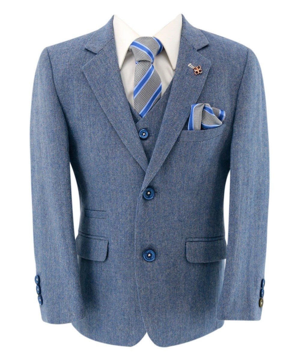 Boys Tweed Slim Fit Suit - WELLS Blue - Light Blue