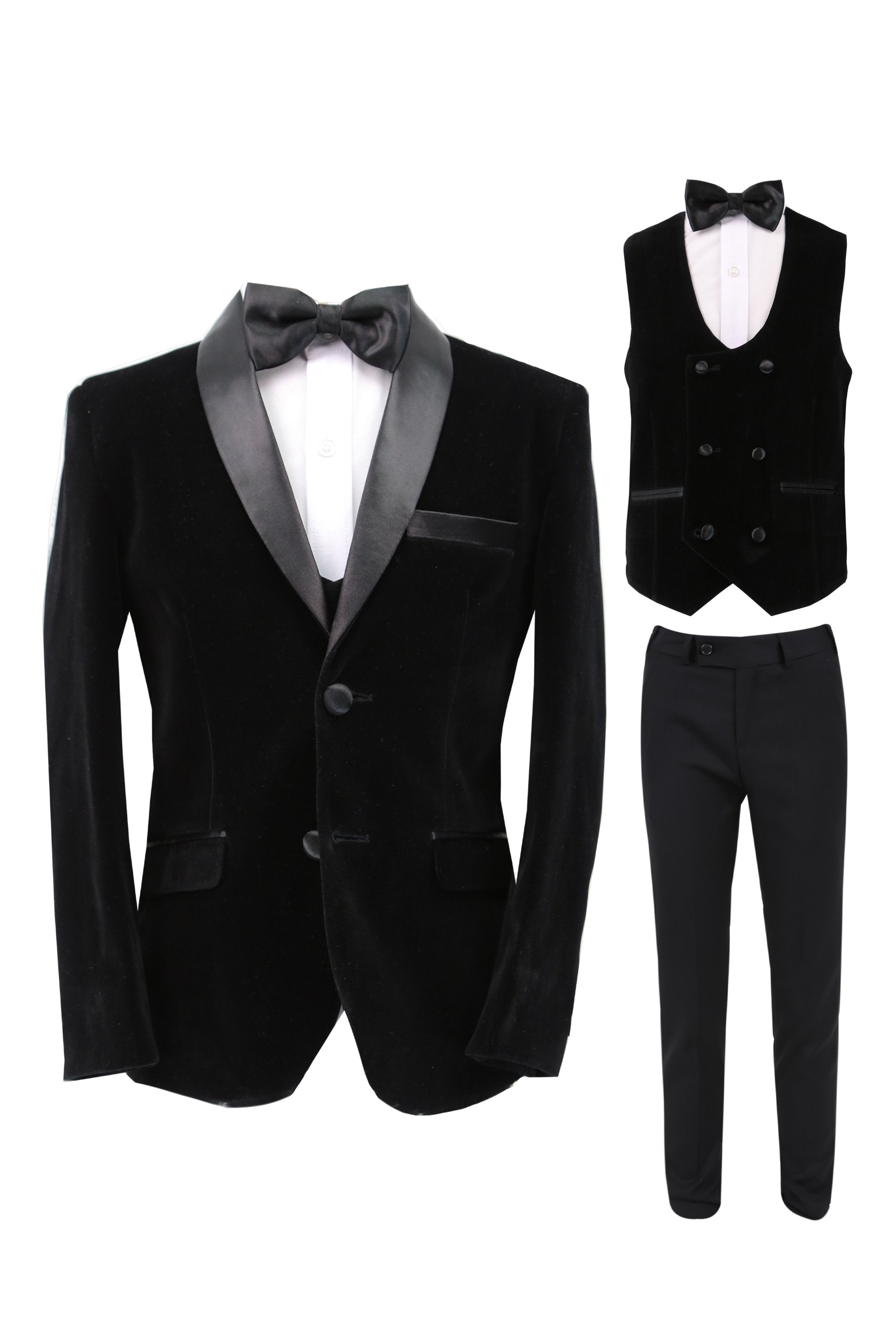 Boys Velvet Tuxedo Suit with Double-breasted Vest - Black