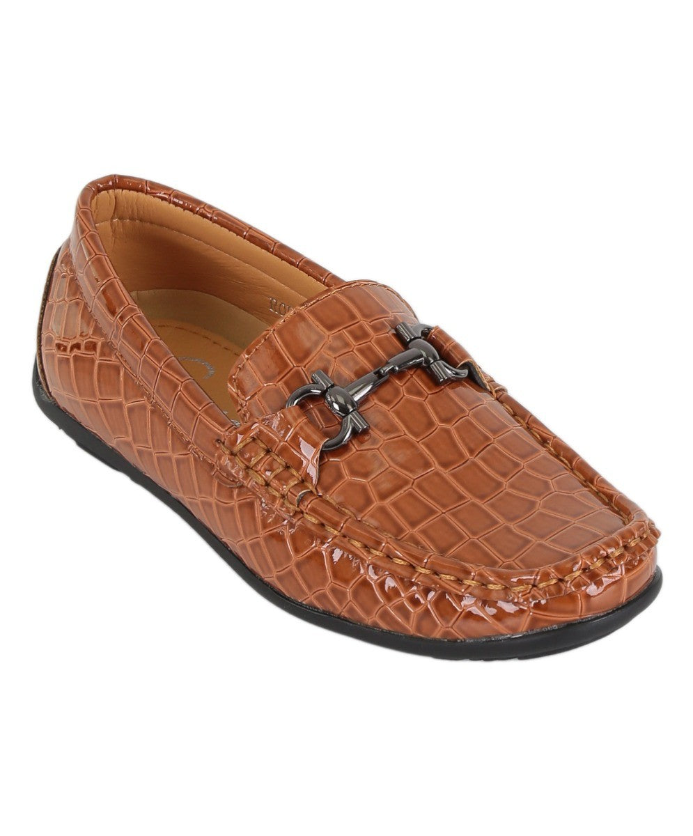 Boys Crocodile Slip on Patent Loafer Mocassin - ROBIN - Tan Brown